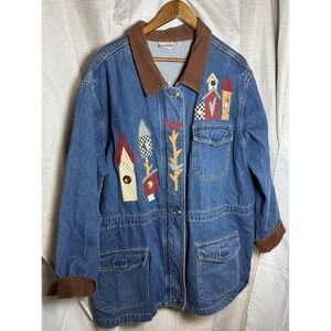 VTG Beverlys Denim Jacket Birdhouse Applique Corduroy Collar Womens 2X 90's Y2K